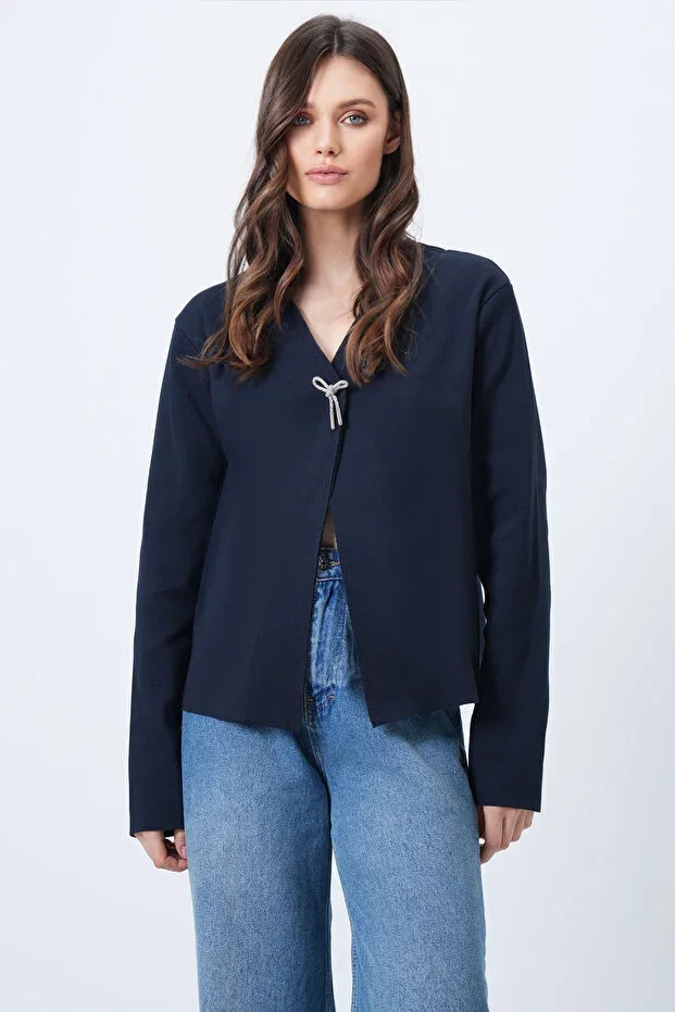 Women's Dark Navy Blue V-Neck Cardigan with Brooch Detail ALC-X14717