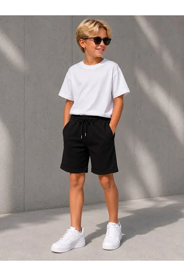 3-14 YEARS BOYS' COMFORT FIT PIQUE JOGGER SHORTS ELASTIC BLACK