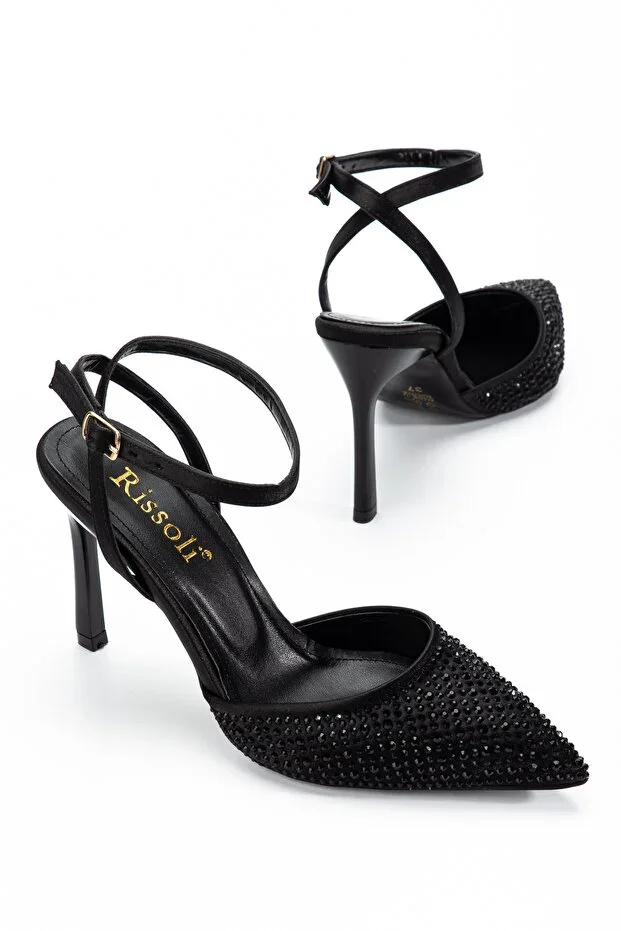 Women's Black Stone Detailed Ankle Tie Detailed Evening High Heels