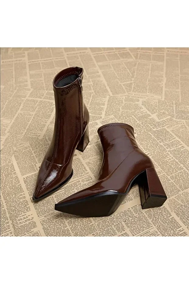 Women's Brown Patent Stretch Ankle Thick Heel Boot Shoe Zipper