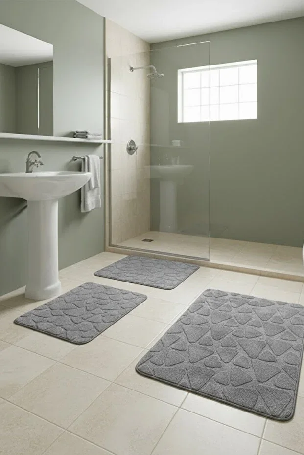 Gray Cotton Bath Mat Machine Washable Non-Slip Base Water Absorbent 3-Piece Set Bath Mat
