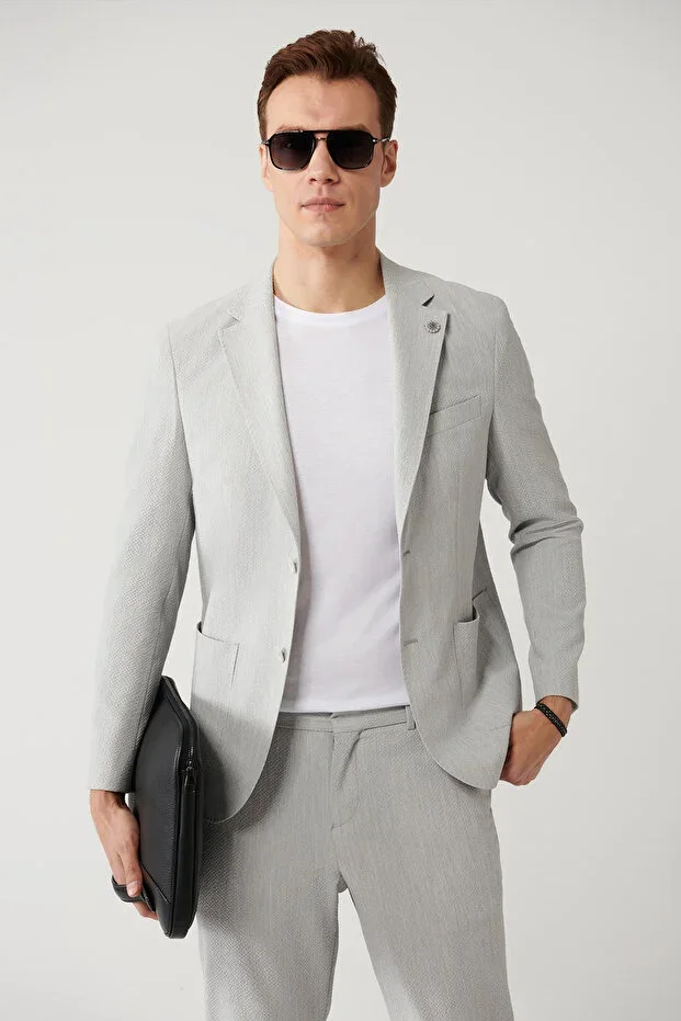 Men's Grey Pocket Unlined Slit Bi-Stretch Comfort Slim Fit Jacket A41Y4033