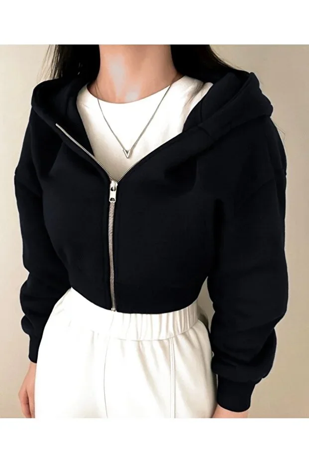 Black Zippered Hooded Crop Sweatshirt Cardigan