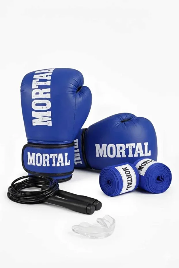 Boxing Gloves Blue + Boxing Bandage + Mouthguard + Jump Rope - 4-Piece Set