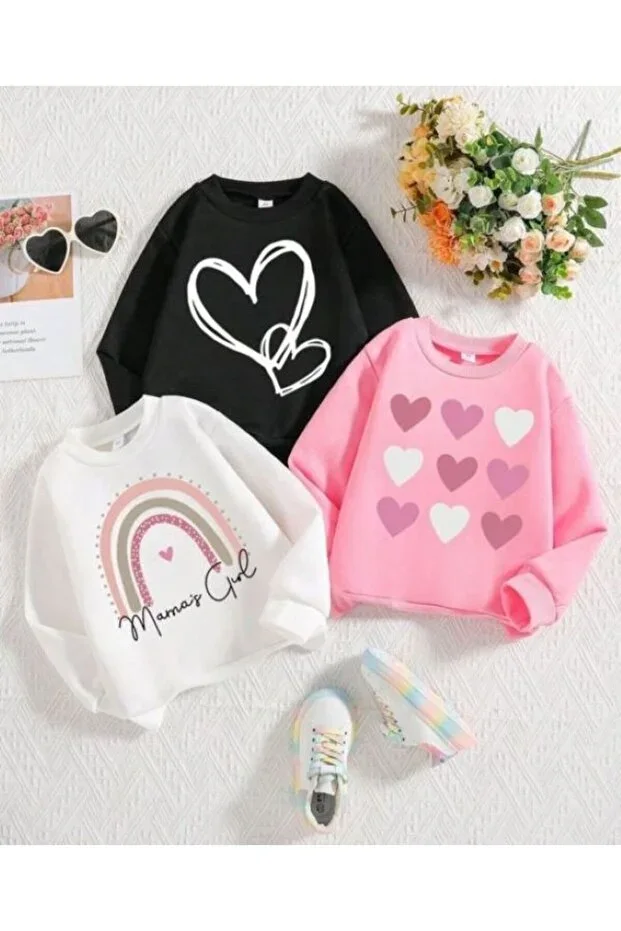 3-Piece Kids Sweatshirt Set White Rainbow, Pink 9 Heart, Black 2 Heart