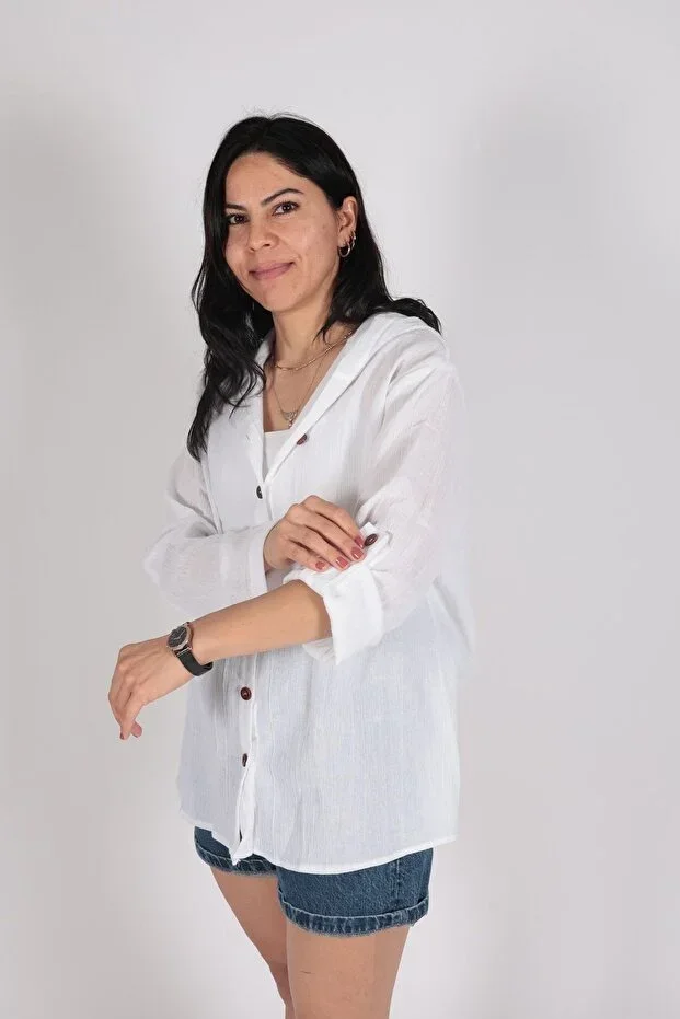 MUEV Plus Size Women's Sheile Authentic Fabric 100% Cotton Hooded White Shirt
