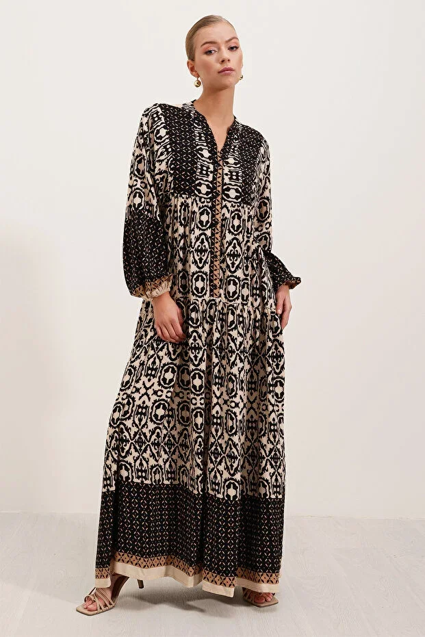 Bigdart Women's Black Beige Patterned Viscose Modest Dress 2423