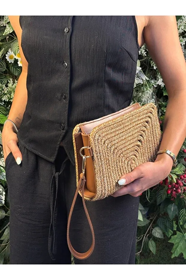 Soho Straw Look Leather Blend Portfolio Clutch Bag