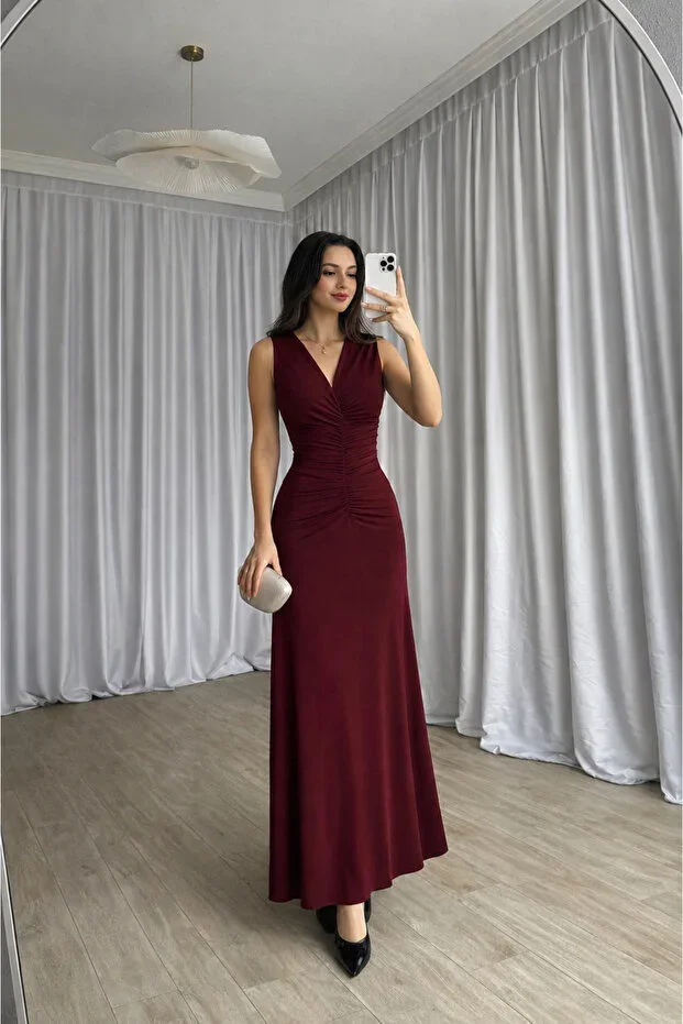 Women's Burgundy Maxi Dress with Drawstring Detail