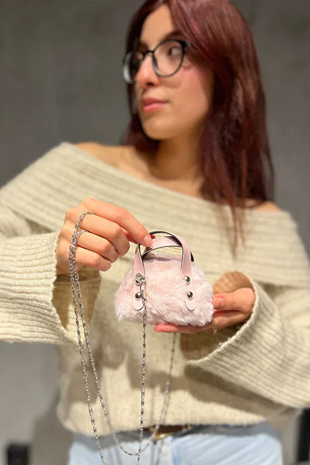 Kadın Pembe Peluş Mini Boy Zincir Askılı Omuz Çantası