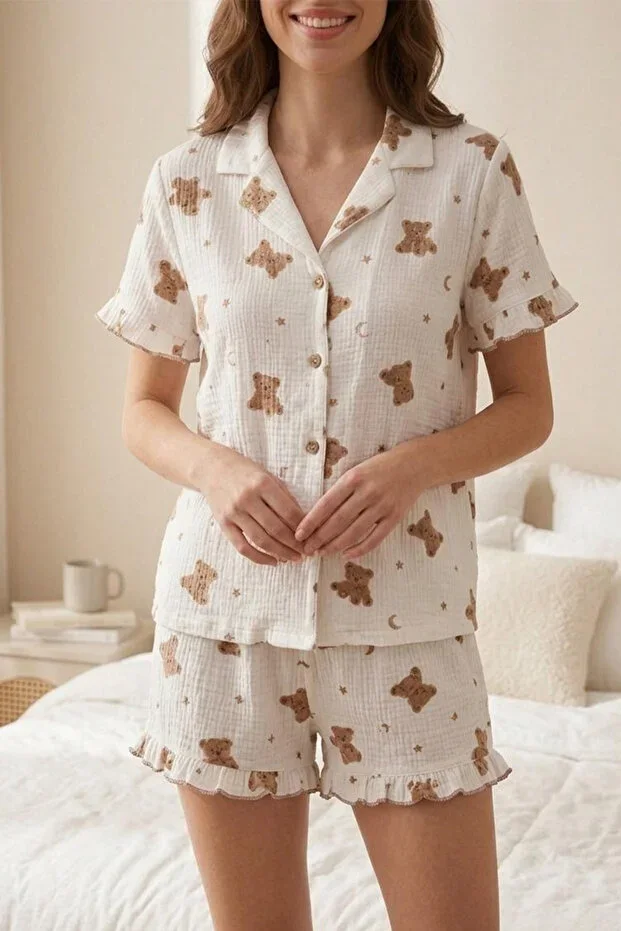 Bear Print Ruffle Detail Pajama Set with Shorts 8073