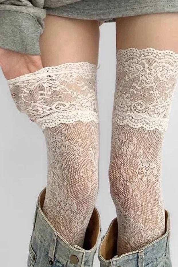 Lace Mesh White Knee-High Socks Gothic Y2k Steampunk Lolita Sexy Halloween Harajuku