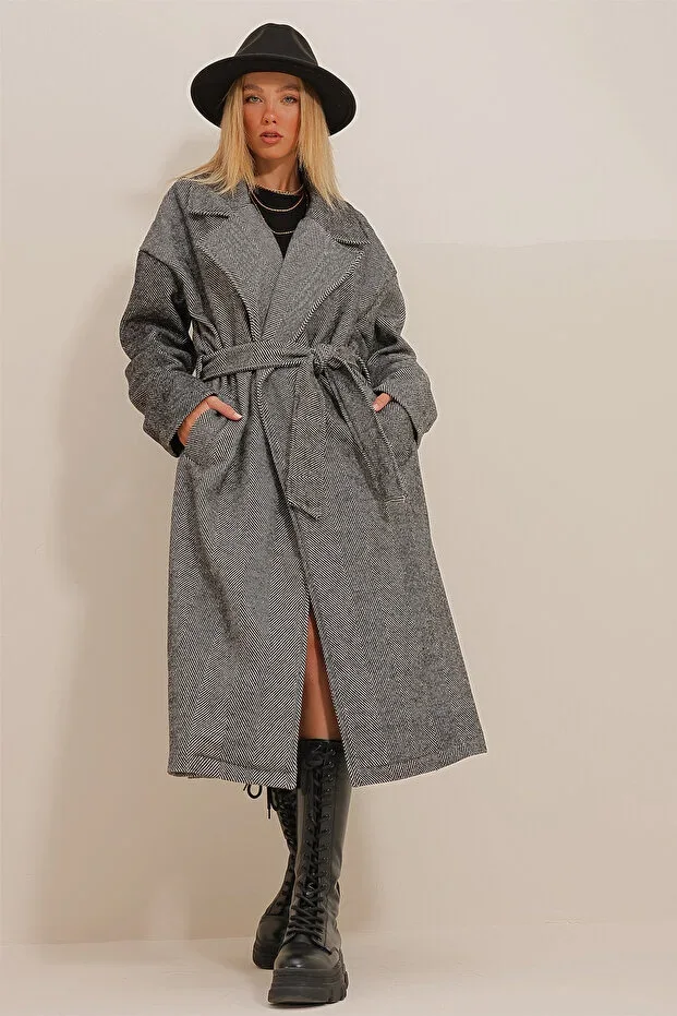 Black Double-Breasted Belted Waist Herringbone Pattern Cachet Coat ALC-X10824