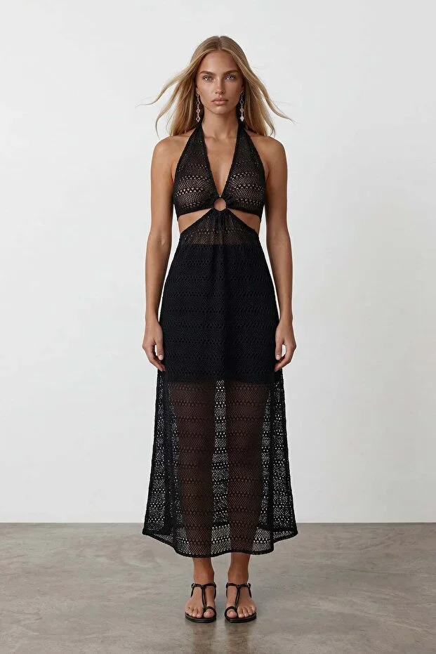 Women's Black Back and Neck Tie Sheer Beach Dress with Skirt Lining Alc-X15540