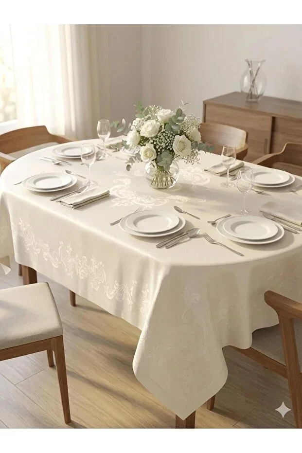 Damask Pattern Jacquard Cream Tablecloth | Liquid Proof Stain Proof | Easy Care Wedding Tablecloth