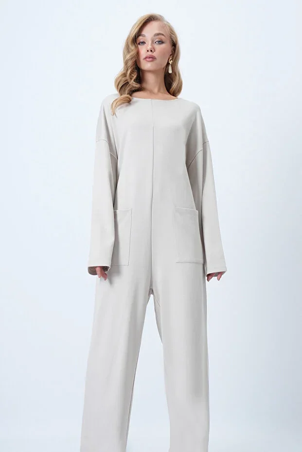 Stone Bicycle Collar Zippered Back Relaxed Fit Jumpsuit ALC-X14554