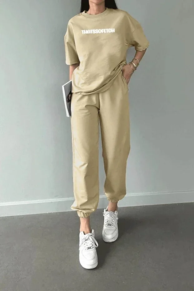 T-shirt Sweatpants Jogger - Beige Thatsoffetch Printed Sweatshirt Set Oversize Round Neck