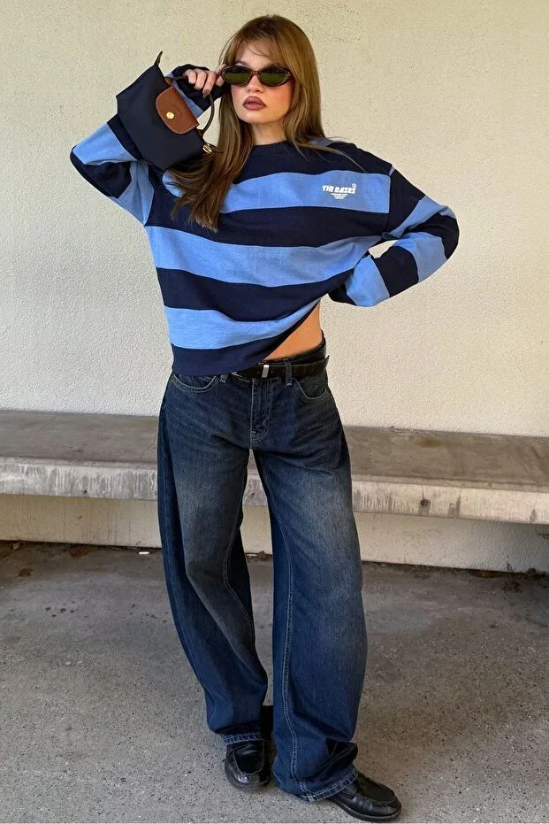 Navy Blue Striped Oversize Long Sleeve T-shirt