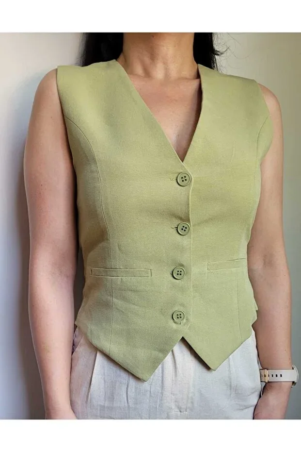 Women's Lined Stylish Linen Vest - Olive Green