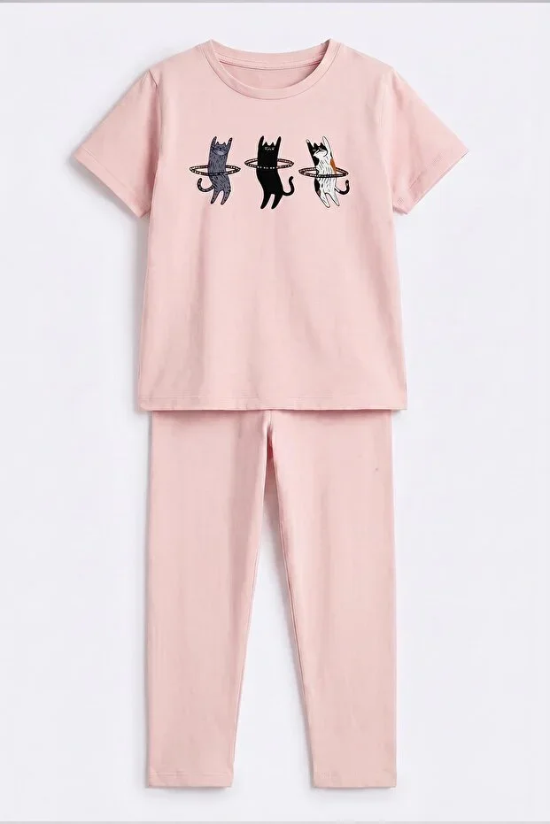 Girls' T-shirt with Cat and Stone Print Tights Set