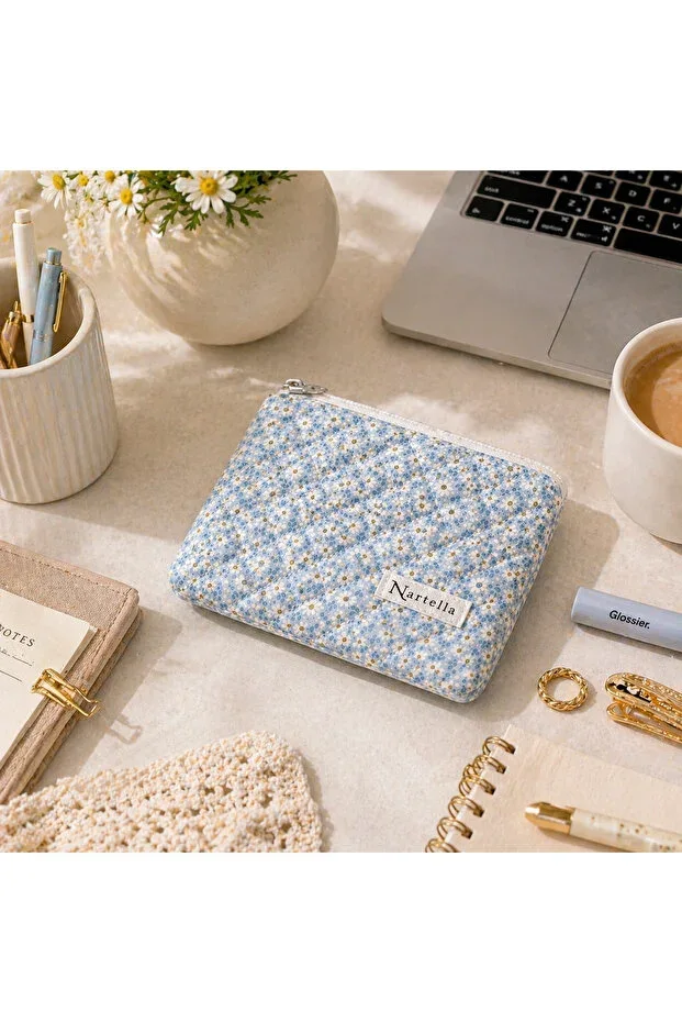 Small Makeup Bag Square Size Bead Blue Series Zippered Organizer