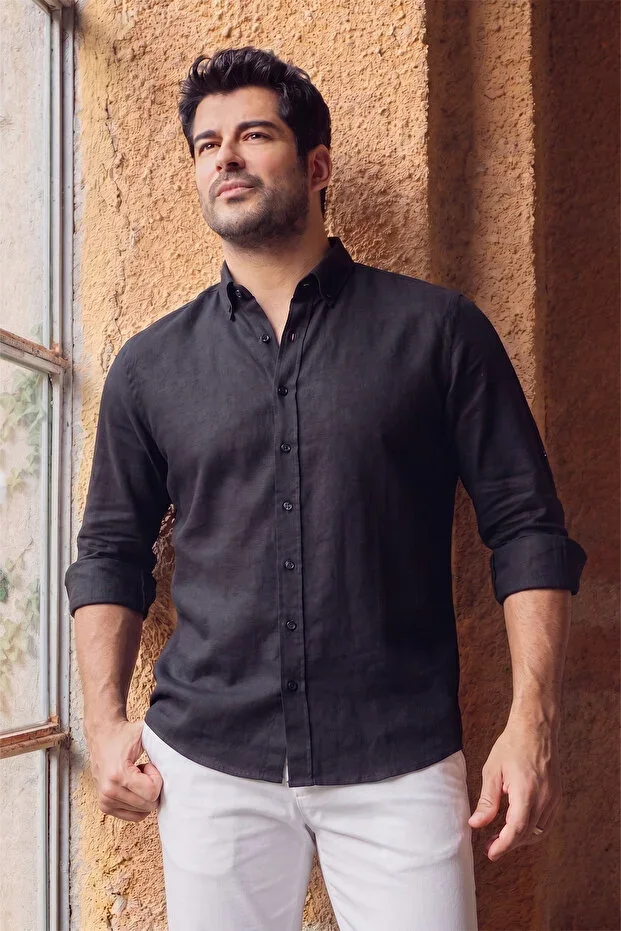 Men's Black Easy Iron 100% Cotton Linen Look Breathable Non-Sweating Slim Fit Shirt