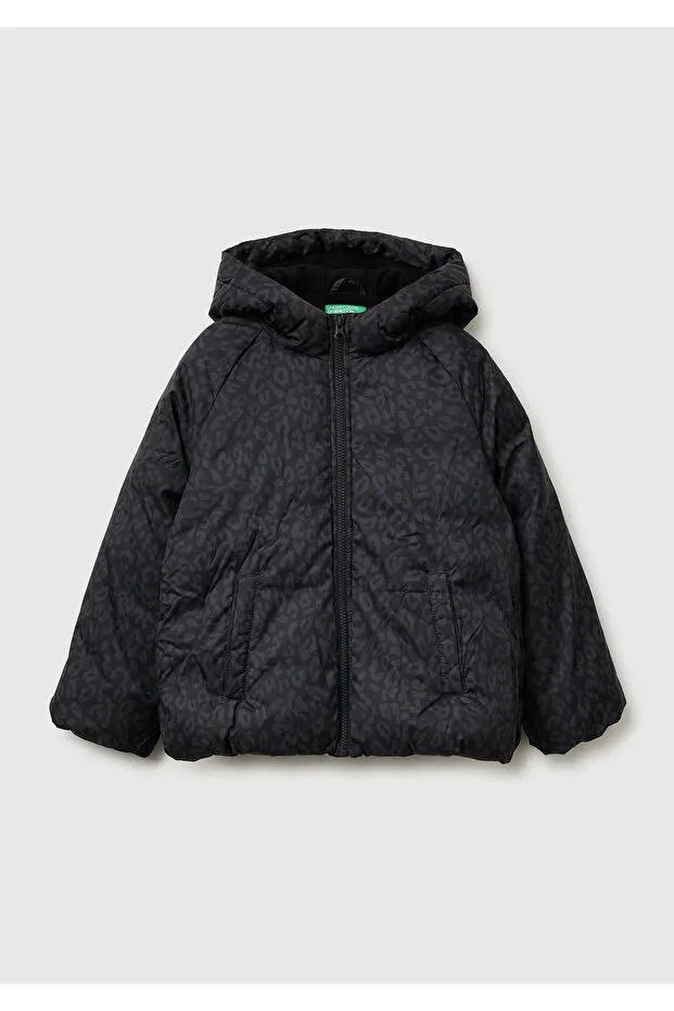 Girls Black Patterned Zippered Lined Hooded Padded Jacket