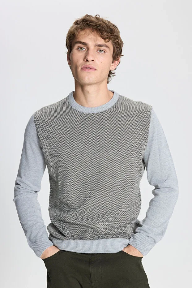 Grey-Khaki Standard Fit Normal Cut Crew Neck Patterned Knit Sweater
