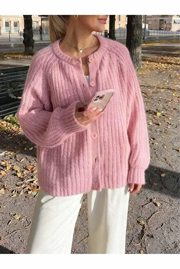 Women's Wool Blend Buttoned Knit Cardigan Pink