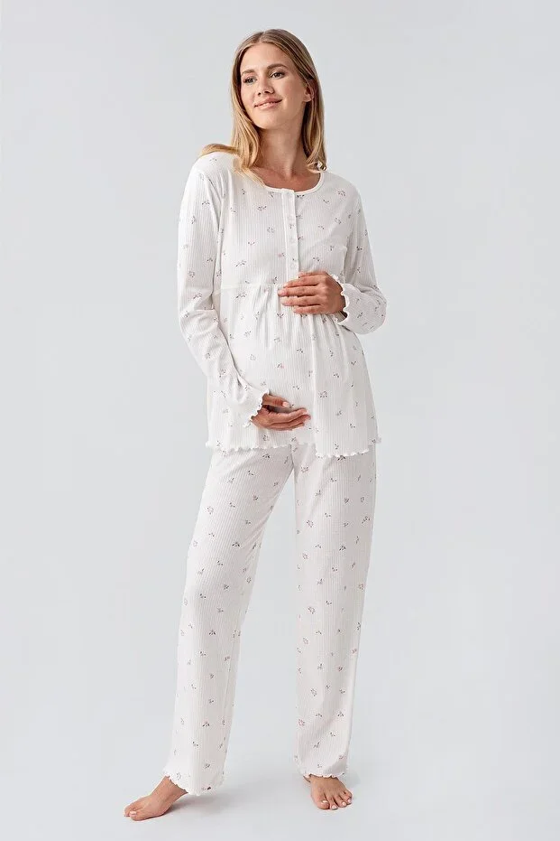 Long Sleeve Printed Buttoned Stretchy Cotton Maternity Pajama Set