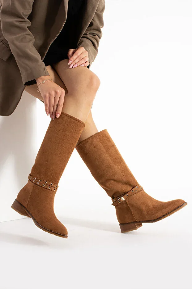 ELİSHA BUTİK Brogan Suede Below Knee Belt Detailed Low Heel Women's Boot