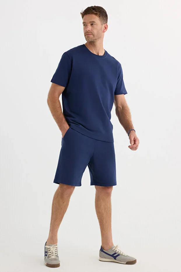 Relax Fit Comfortable Cut 100% Cotton Lightweight Thick Special Design Men's Navy Shorts T-shirt Set