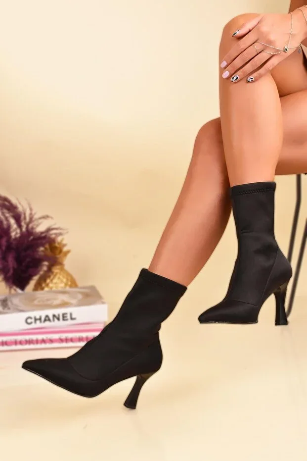 Pointed Toe Chic Sock Stretch Casual Goblet Heel Boot Ankle Boot
