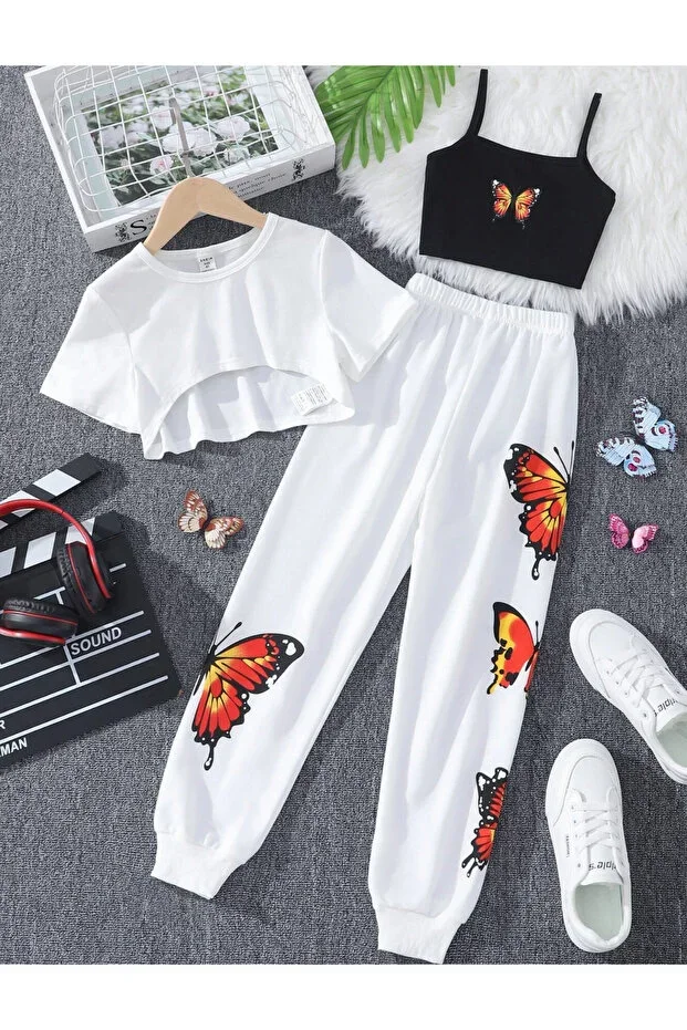 Kids - 3-Piece Summer Tracksuit Set -Butterfly Pattern- Crop - Strappy - Tracksuit Bottoms