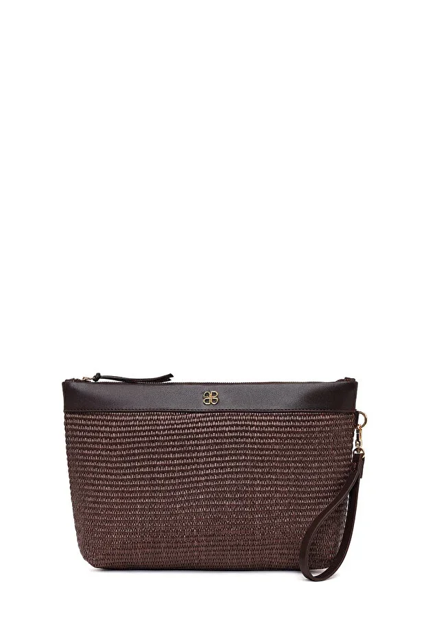 Women's Brown Long Chain Strap Straw Portfolio Bag 26SBD222314