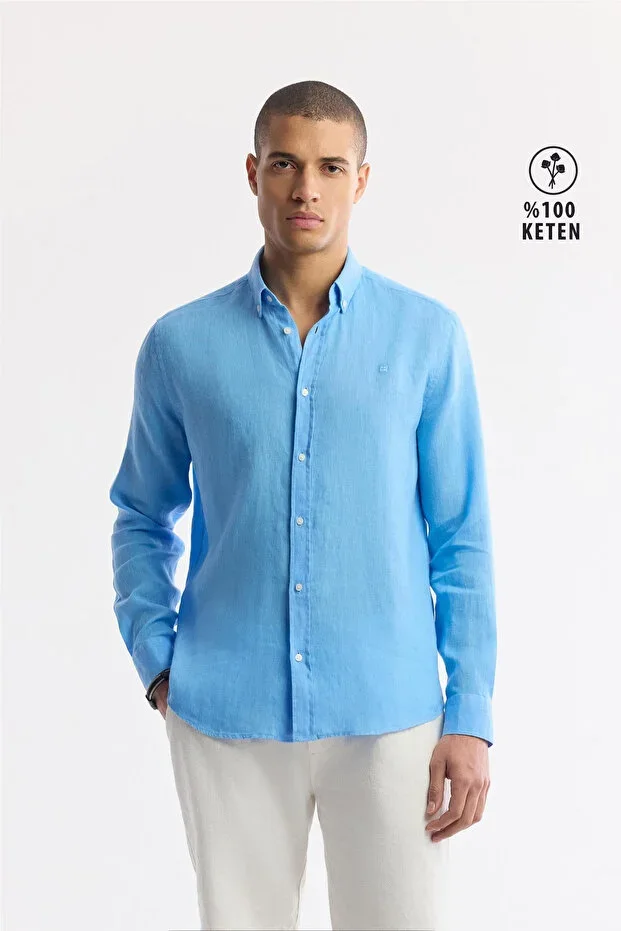 Men's Blue Button-down Collar 100% Linen Comfort Fit Shirt B002191
