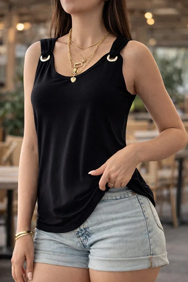 Modayakamoz Summer Favorite! Women's Spaghetti Strap Ring Detail V-Neck Viscose Blouse