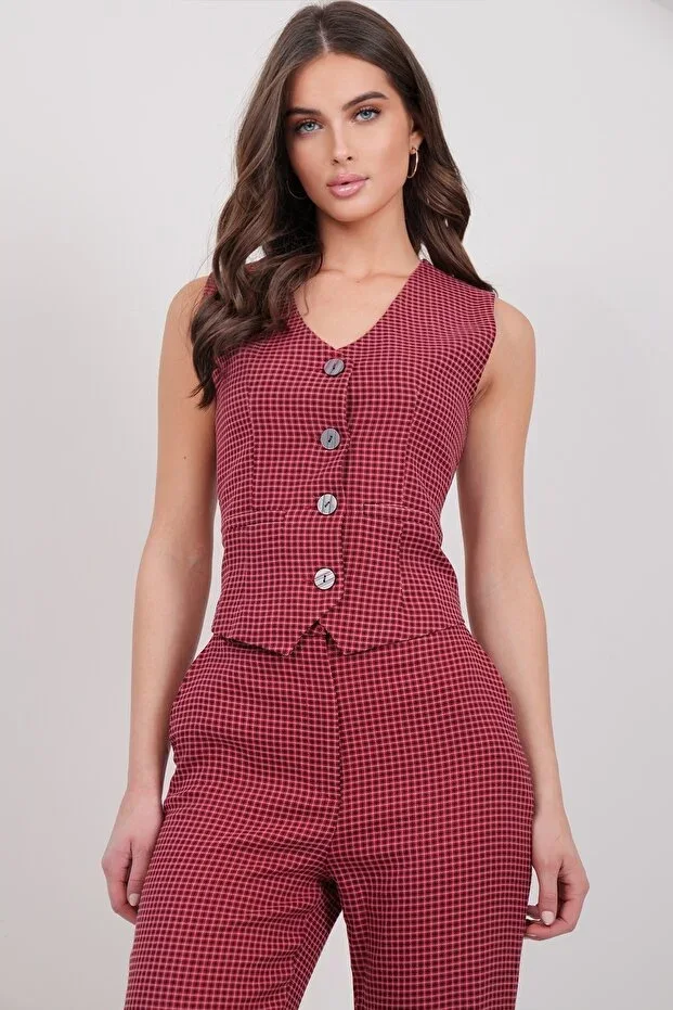 Women's Burgundy Plaid Lined Vest ALC-X14927