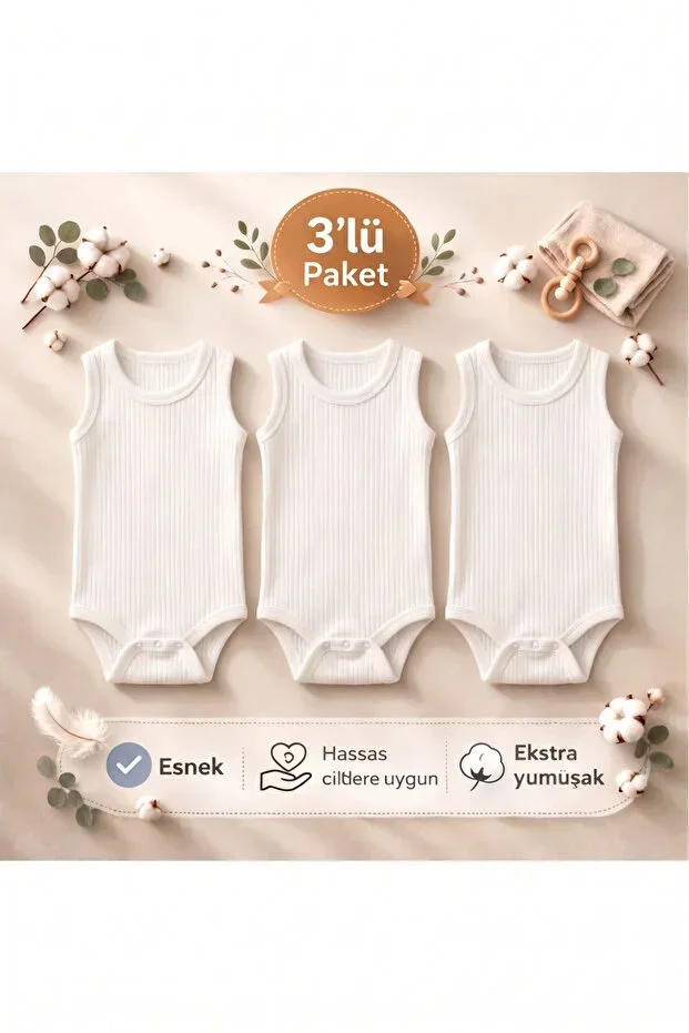 Ribbed/Striped Fabric 100% Cotton Thick Strap Snap Button 3-Piece White Ribbed Baby Undershirt/Bodysuit/Onesie