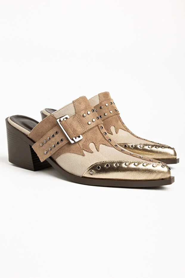 DENORA Vizon Cream Gold Matte Leather Suede Studded Detail Closed Toe Open Back Heeled Western Cowboy Mules Slippers
