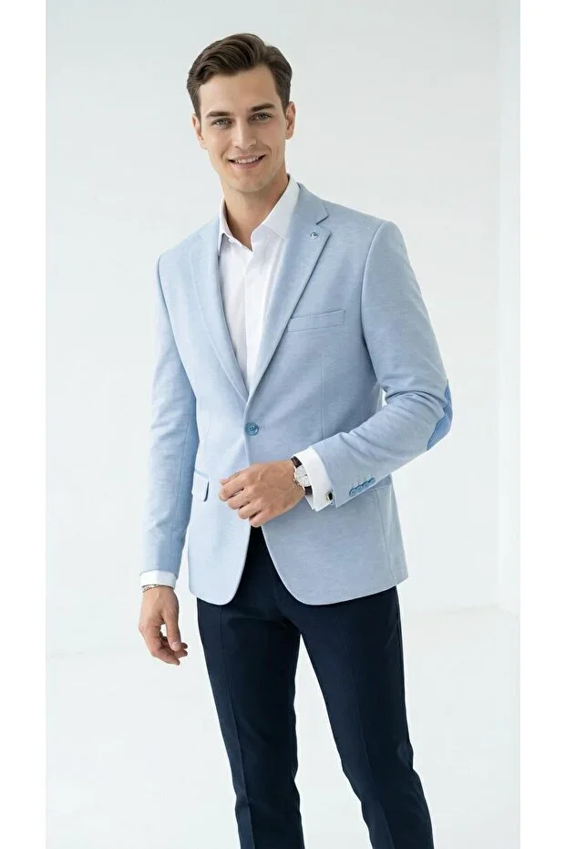 Men's Patch Sleeve Blazer Jacket – Baby Blue Color, Italian Cut Stylish and Modern Design