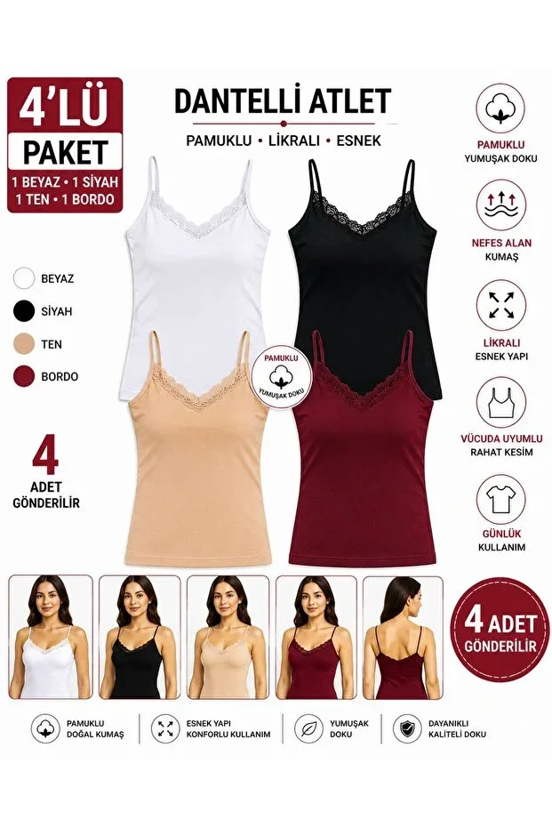 Women's 4-Pack Lace Trim Camisole Spaghetti Strap Cotton Elastane Basic Camisole White Black Nude Burgundy