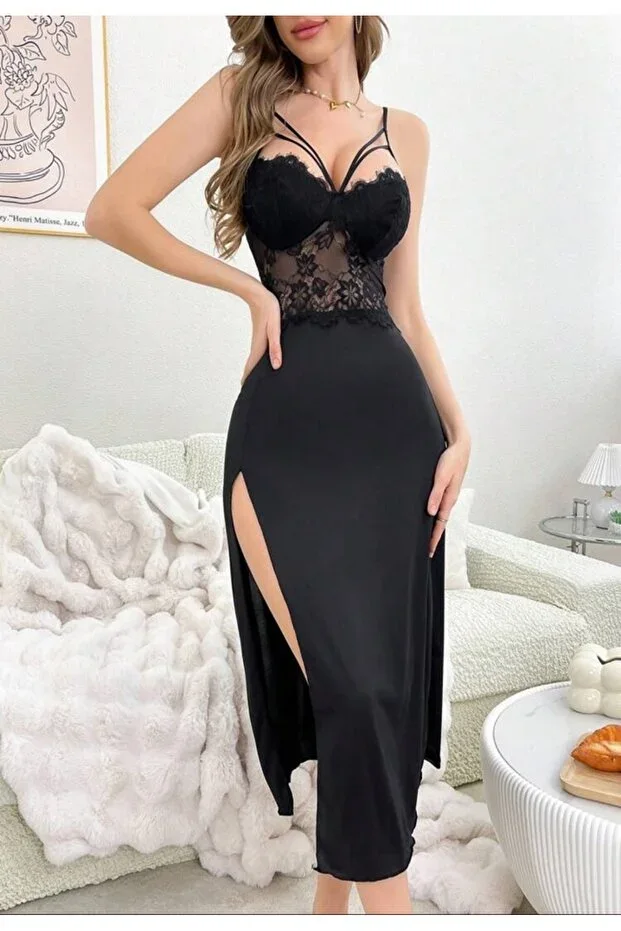 Women's Black Lace Bust and Waist, Leg Slit, Strappy Nightgown with Thong Gift