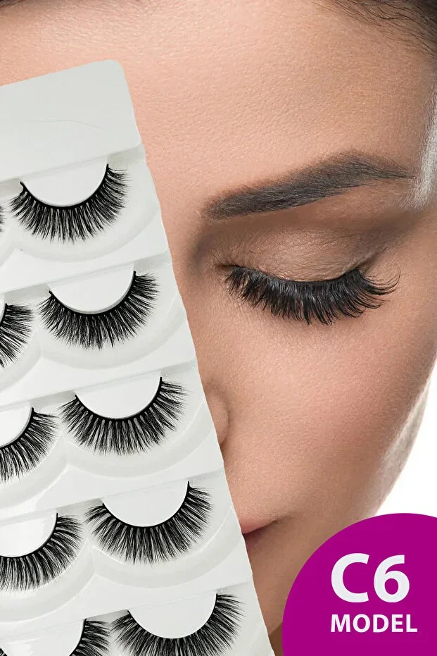 Natural Look Silk Full 5-Piece False Eyelash Set - 5 Pairs Real False Eyelashes - Model: C6