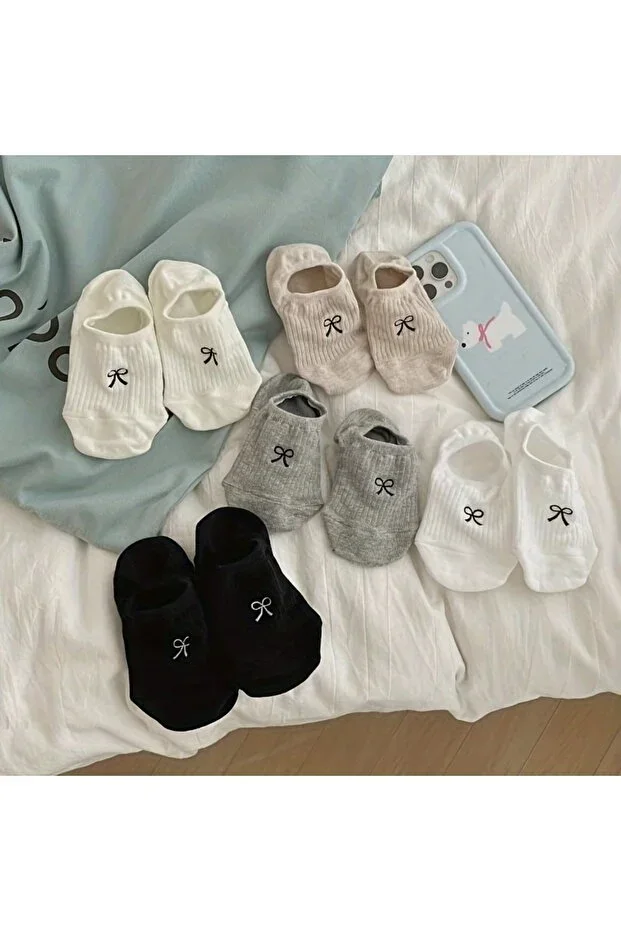 5 Pairs Butterfly Ribbon Patterned Women's Multicolor Invisible Sneaker Socks