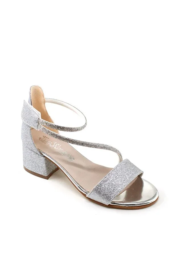 Stone Detailed Glitter Velcro Girls' Heeled Evening Sandals