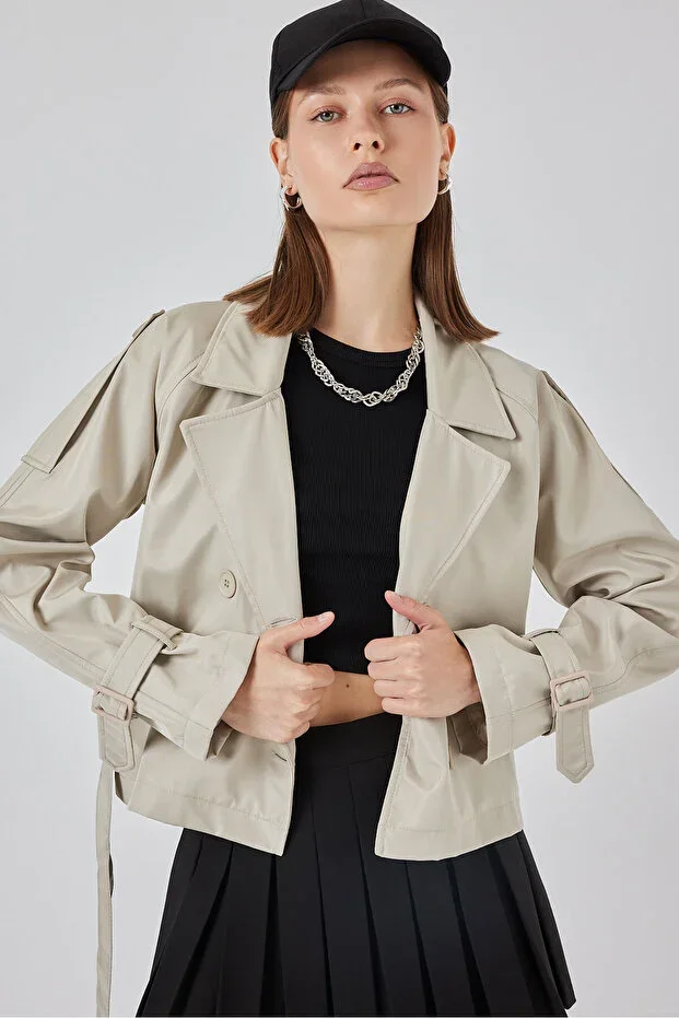 Women's Belted Short Trench Coat 5970 - Stone