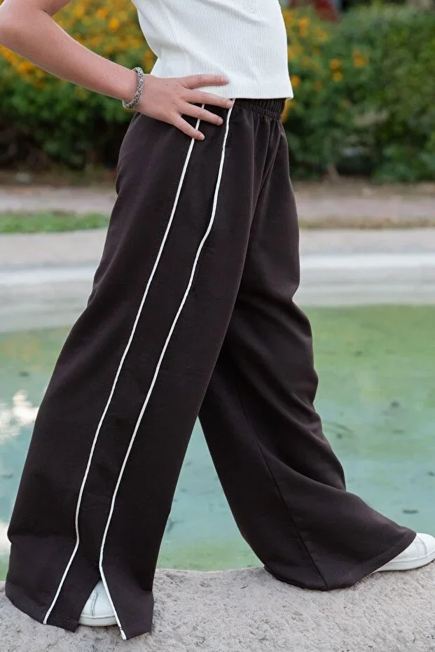 Girls' Sweatpants with Double Piping on the Sides, Pockets, and Slits at the Hem, Ages 9-14, Dark Brown