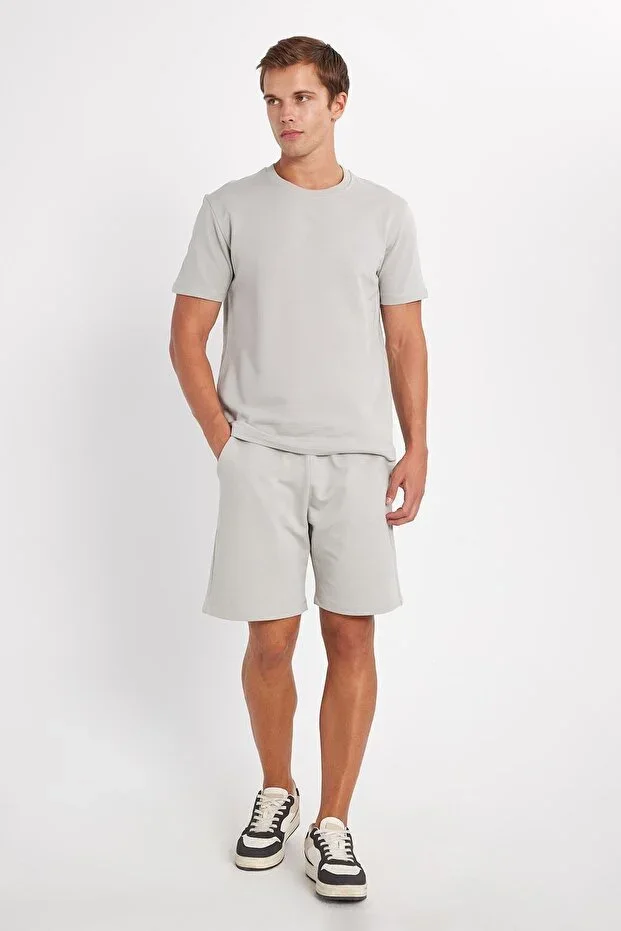 Relax Fit Comfortable Cut 100% Cotton Lightweight Thick Special Design Men's Grey Shorts T-shirt Set