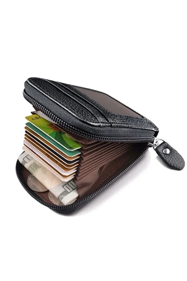 Unisex 11 Compartment Genuine Leather Black Zippered Credit Card Holder Wallet